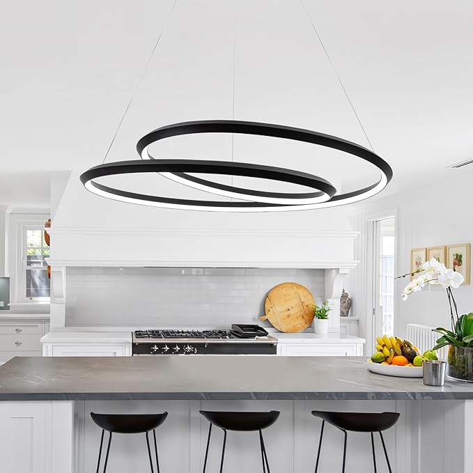 Pendant Light Fixtures with Irregular Ring, 31.49″Black Dining Room Light Fixture Dimmable Color 3000K-6500K, High Ceiling Chandelier Foyer Chandelier for Dining Room, Living Room, Bedroom