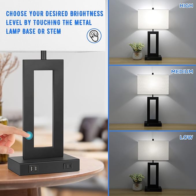 Set of 2 Modern Touch Control Table Lamps with 2 USB Ports, 22’’ Large Bedside Nightstand Lamps 3-Way Dimmable Desk Lamp with White Fabric Shade for Bedrooms Living Room Reading, 2 LED Bulbs Included