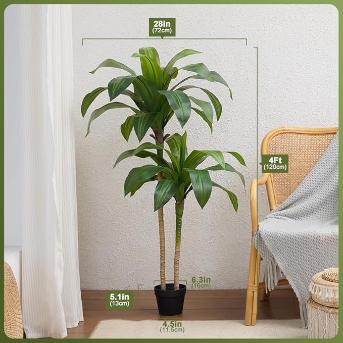 Artificial Dracaena Tree, 4FT Tall Fake Plants with UV Resistant Leaves, Faux Tropical Yucca Trees for Indoor Outdoor, Potted Large Floor Plant for Home Decor Living Room Porch, VN123