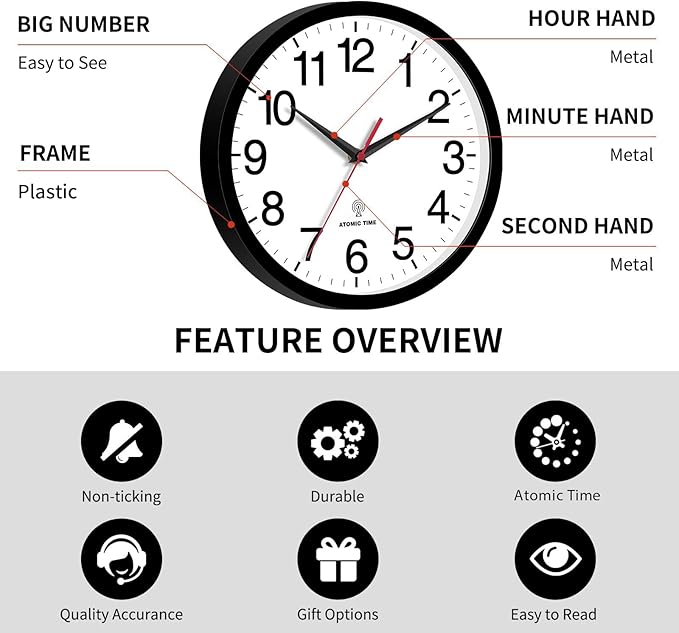 Atomic Wall Clock, Modern 14 Inch Battery Operated Wall Clocks, Analog Clock for Living Room, Office, Home, Bedroom, Kitchen, Bathroom(Black)