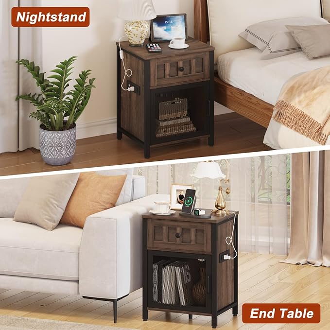 FATORRI End Table with Charging Station, Farmhouse Side Table with Drawer, Rustic Wood and Metal Nightstand and Bedside Tables for Living Room (Rustic Brown)