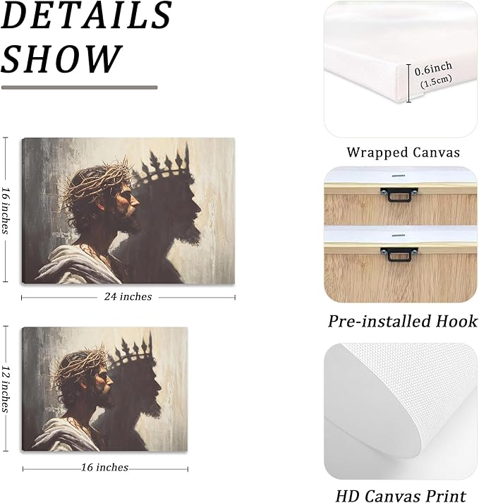 Framed Jesus is the King Christian Wall Art, Jesus and Crown Canvas Wall Decor Christ Biblical Pictures Painting Prints Religious Room Decor for Church Prayer Room Schools Hospitals 24" x 16"