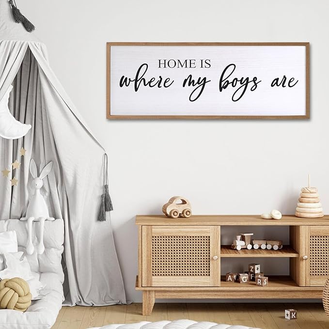 Home is Where My Boys are Sign Framed Wall Art, 32''×12'' Rustic Horizontal My Son Plaque with Natural Frame for Baby Kid Boy Son Teen Toddlers Room, Horizontal Mom of Boys Gifts Nursery Decor