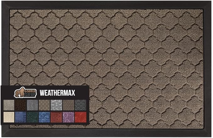 GORILLA GRIP 100% Waterproof All-Season WeatherMax Doormat US Designed Natural Rubber, Stain and Fade Resistant, Low Profile Indoor Outdoor Door Mats, Easy Clean Patio Mat, 17x29, Latte Quatrefoil