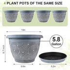 14 Inch Large Planter Pot for Plants Indoor Outdoor, 4 Pack Plastic Flower Pots with Drainage Hole & Tray, Modern Decorative Garden Pot with Saucer, Plant Container for House