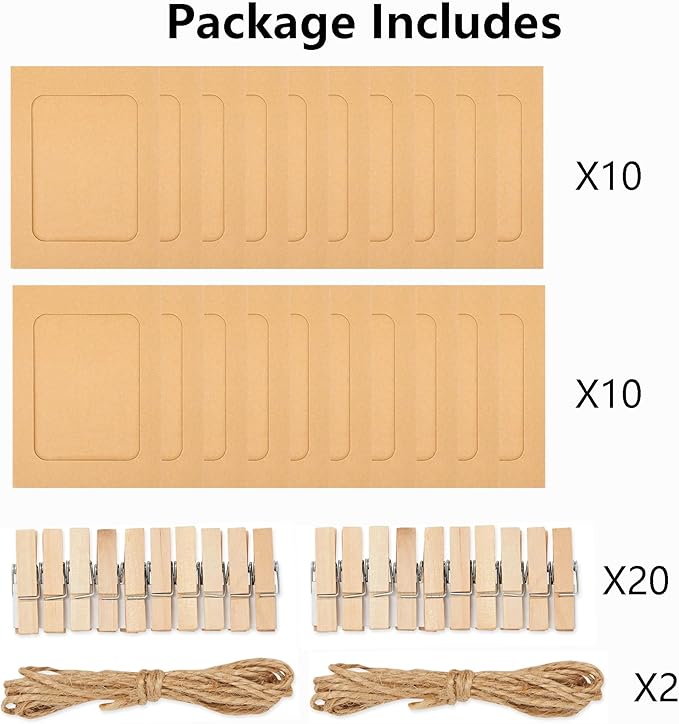4x6 Inch Paper Photo Frame, Hanging Photo Display Banner, 20Pcs Kraft Paper Picture Frames with 20 Wood Clips and 2 Jute Twine, DIY Clip Photo Display Holders for Home, Wedding, and Party Decor