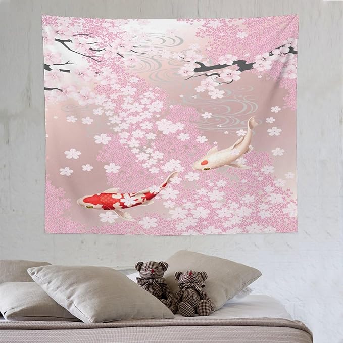 Houselerax Japanese Koi Fish Tapestry, Cherry Blossoms Asian Oriental Pink Flower Branch Koi Fish Carp Tapestries Wall Hanging for Bedroom Living Room Office Decor 60"x50"