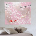 Houselerax Japanese Koi Fish Tapestry, Cherry Blossoms Asian Oriental Pink Flower Branch Koi Fish Carp Tapestries Wall Hanging for Bedroom Living Room Office Decor 60"x50"