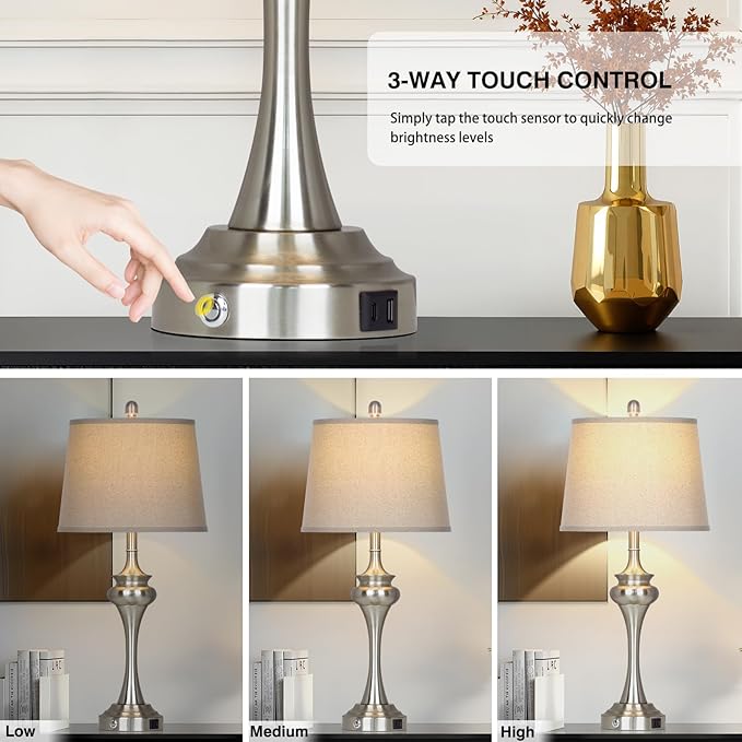 30" Silver Table Lamps Set of 2, 3 Way Touch Control Living Room Lamp with USB A+C Ports, Modern Brushed Nickel Bedroom Lamps, Tall Metal Bedside Lamp for Nightstand Desk Side Table Office