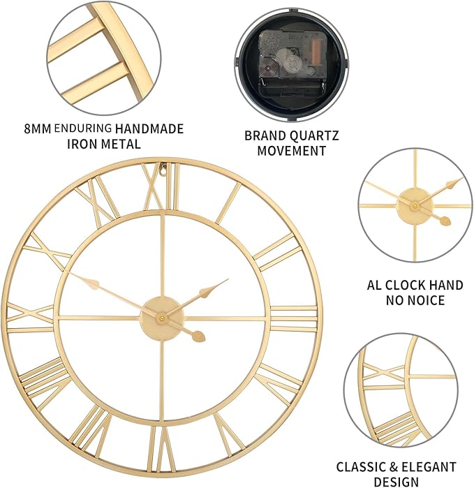 1st owned Large Wall Clock Silent Non-Ticking Roman Numerals Vintage Battery Operated (24 inch,18inch,16inch) Farmhouse Wall Clock for Living Room, Bedroom, Kitchen, Cafe Decor-Gold 40CM