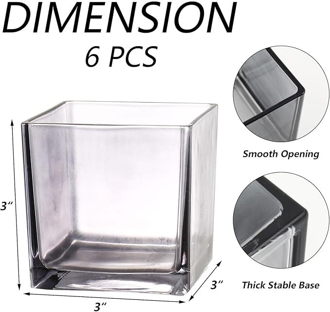 Square Vases Set of 6, 3"x 3"x 3" Glass Vases for Flowers, Square Flower Vase for Centerpieces, Small Grey Vase for Wedding, Party, Home Office Decoration
