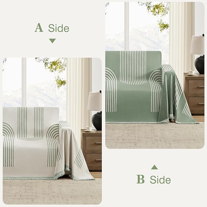 Boho Couch Cover Washable Sectional Couch Covers for Dogs Reversible Sofa Slipcover for 2 or 3 Cushion Couch Pet Friendly Furniture Protector (3# Sage Green, 71" x 118")