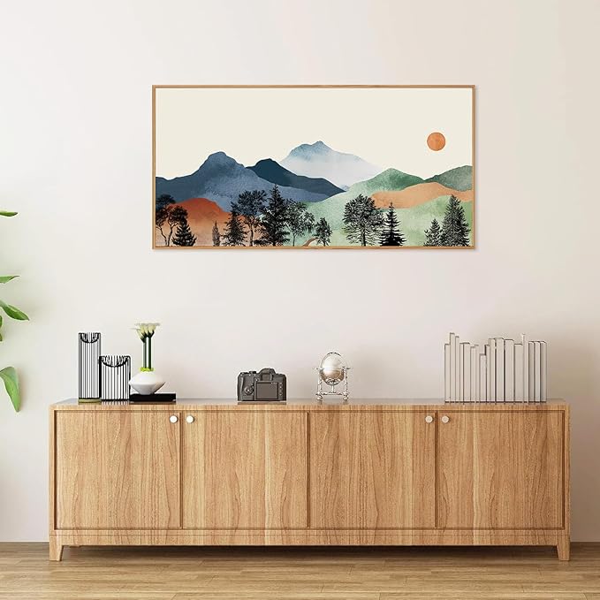 SIGNINART Large Boho Mountains Framed Canvas Wall Art, Watercolor Nature Landscape Art Prints, Neutral Modern Sunrise Art Paintings, Green Forest Wall Decor for Living Room, Bedroom, Office 20"x40"