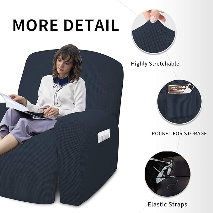 Easy-Going 4 Pieces Oversized Recliner Stretch Sofa Slipcover Sofa Cover Furniture Protector Couch Soft with Elastic Bottom,Polyester Spandex Jacquard Fabric Small Checks Dark Blue
