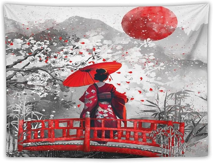 Japanese Red Geisha Tapestry Asian Cherry Blossom Red Sun Traditional Kimono Folk Tapestries Home Decor for Living Room Bedroom Apartment Farmhouse Dorm 60"x50"