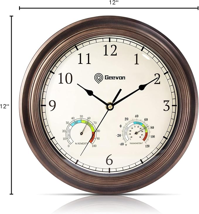 Geevon 12" Vintage Wall Clock Non Ticking with Hygrometer and Thermometer Combo,Battery Operated Quartz Decorative Wall Clocks for Home,Living Room,Office,Classroom,Kitchen,Bedroom Decor