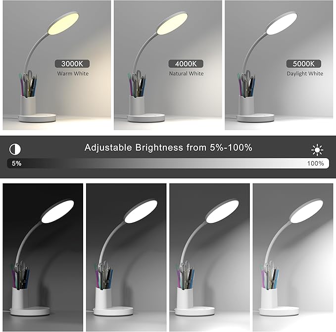 Desk Lamp, LED Desk Lamp for Home Office, Touch Table Lamp with 3 Color Modes 360° Adjustable Arm, Dimmable Desk Light with Pen Phone Holder, White