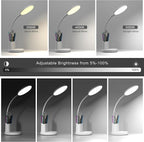Desk Lamp, LED Desk Lamp for Home Office, Touch Table Lamp with 3 Color Modes 360° Adjustable Arm, Dimmable Desk Light with Pen Phone Holder, White
