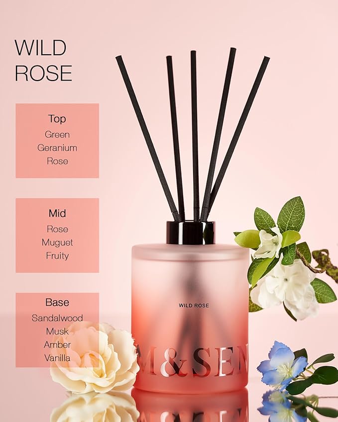 M&SENSE Wild Rose Reed Diffuser Set - 16.9 fl oz Large Room Scented Diffuser with Sticks, Long-Lasting Home Fragrance Gift for Bedroom, Bathroom & Office Decor