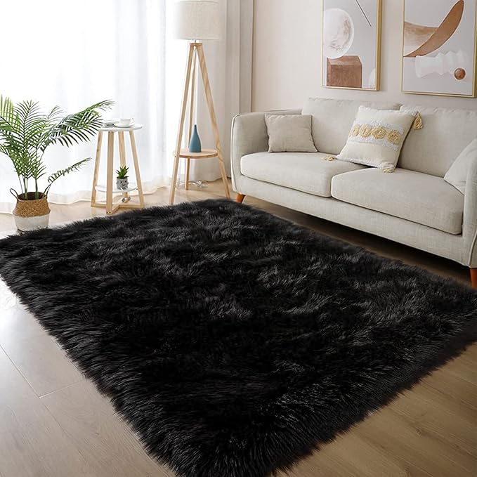 Latepis Black Carpet 4x6 Area Rug for Bedroom Fuzzy Faux Sheepskin Fur Rug for Living Room Bedside Rugs for Dorm Sofa Floor Luxury Home Decor