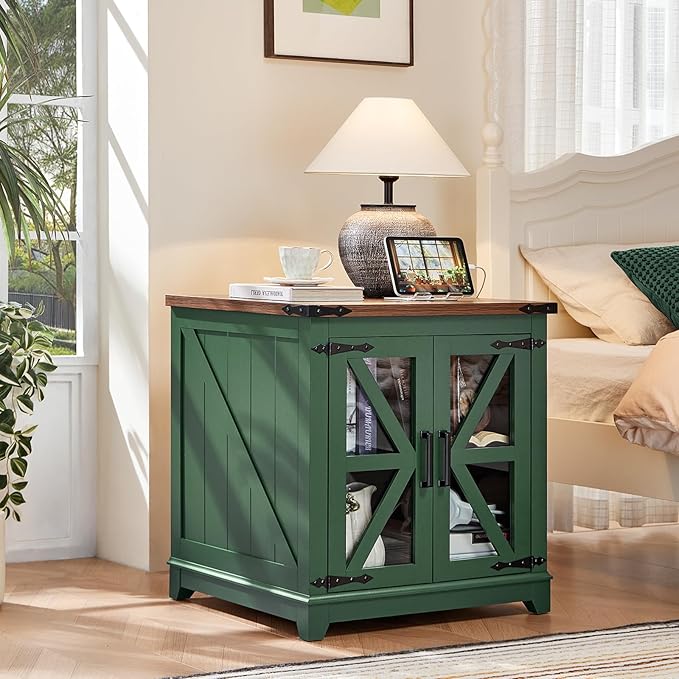 Farmhouse End Table with Charging Station Set 2, 24" Large Sofa Side Table with Glass Barn Door, Nightstand with Adjustable Storage Shelf, Wood Square Bedside Table for Living Room, Bedroom