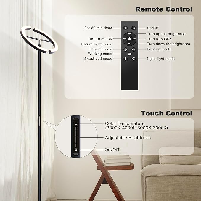 Floor Lamp for Bedroom,Stepless Dimmable Standing Lamp, 3000-6000K,Rotatable Reading Light with Touch and Remote Control, Modern LED Floor Lamps for Living Room Office
