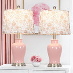 Pink Ceramic Table Lamp with Flower Lampshade, 23" Cute Ceramic Bedside Lamp with Ginger Jar Design, Modern Living Room Lamps Set 2, Elegant Bedroom Lamps for Nightstand Desk Side Home Decor