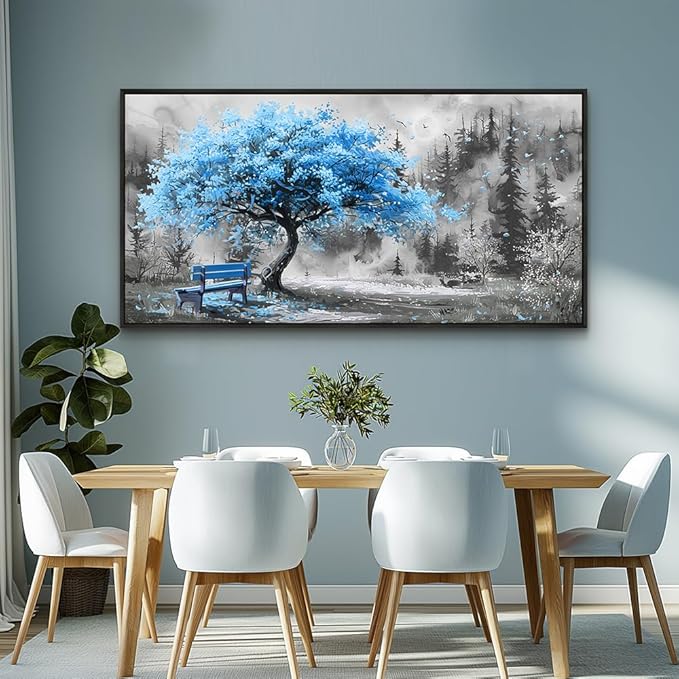 ZUITINGHUA Black Framed Canvas Wall Art For Living Room Large Wall Decor For Office Bedroom Decorations Blue Tree Landscape Pictures Black And White Paintings Artwork Aesthetic Home Decor 30x60 In