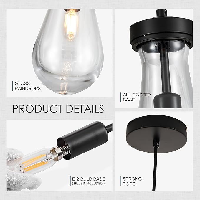 Raindrop Pendant Light, Black Glass Pendant Lighting, Hand Blown Teardrops Modern Hanging Light for Entryway Foyer Stairway Kitchen Island Bedroom Dining Living Room Hallway