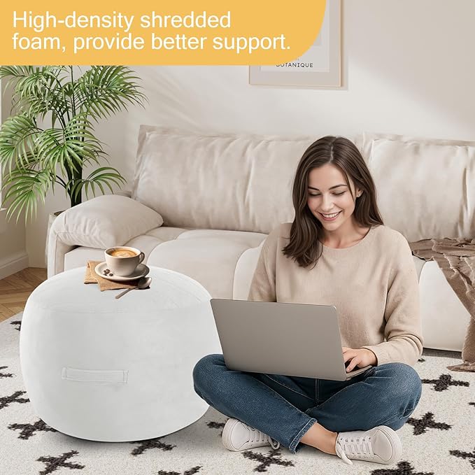MeMoreCool Round Stuffed Pouf Ottoman Foot Rest, Floor Pouf Foot Stool with Soft Foam Chunk Filling, Small Round Ottoman Footstool Circle Footrest for Living Room, Off-White