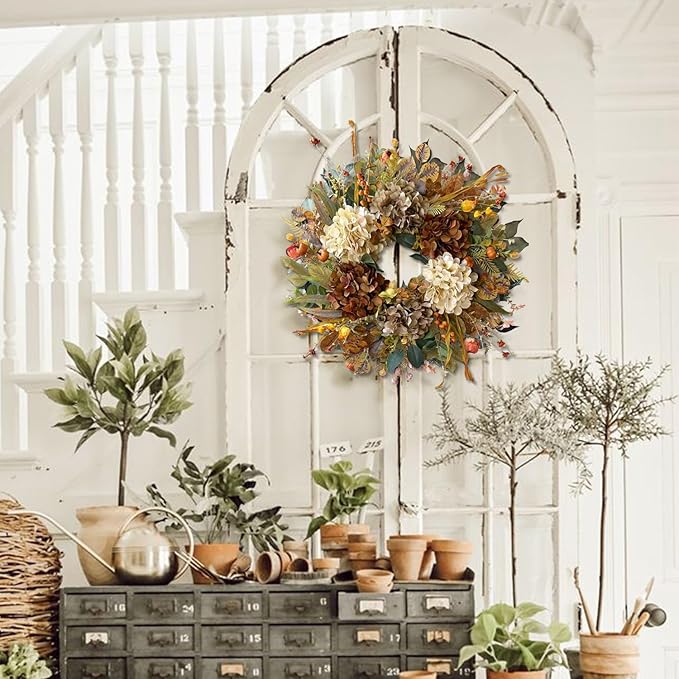WANNA-CUL 24 Inch Fall Wreaths for Front Door with Hydrangea,Little Pumpkins-Fall Decorations for Home,Fall Door Wreath Decor for Autumn,Harvest, Halloween or Thanksgiving