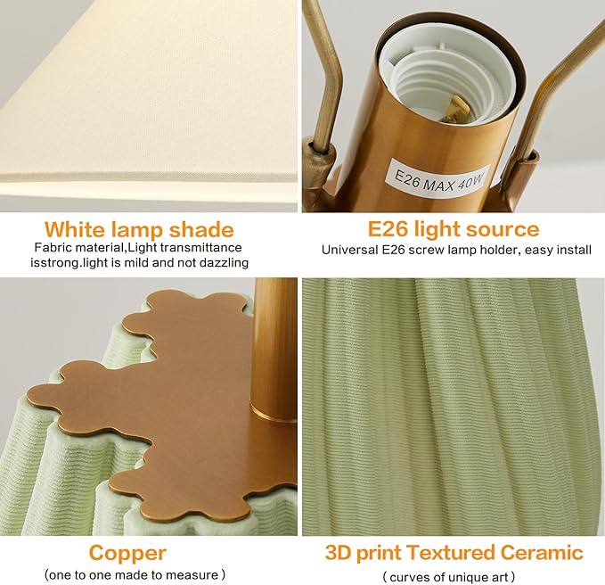 Modern E26 Ceramic Table Lamps 20.5", Sage Green Plug in Table Lamp Funky Decor for Living Room Desk End Bedroom Bedside Room Office