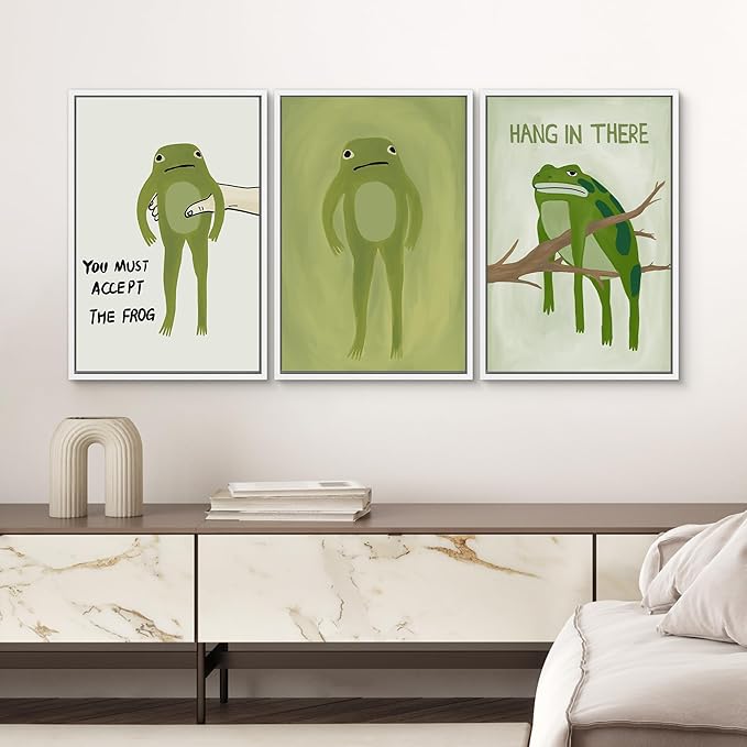 SIGNWIN Framed Canvas Print Wall Art Whimsical Frog Humorous Green Frog Photography Modern Art Minimalist Black and White for Living Room, Bedroom, Office - 16"x24"x3 White