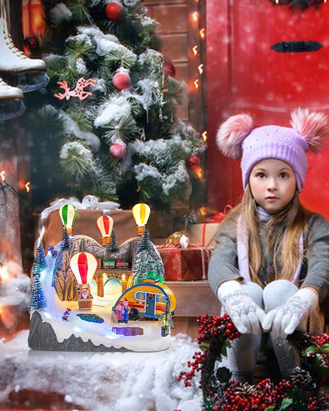 Bdor Christmas Village Lighted Decoration Musical Animated Display Christmas Collectible Ballon House Battery Operated Resin Indoor Decor