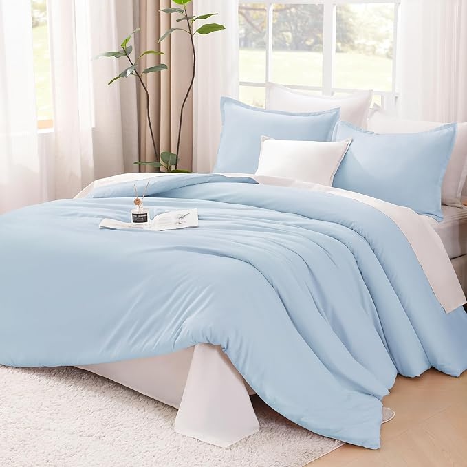 Litanika Comforters Light Blue Full Size, 3 Pieces Lightweight Solid Bedding Comforter Set, All Season Fluffy Bed Set (79x90In Comforter & 2 Pillowcases)