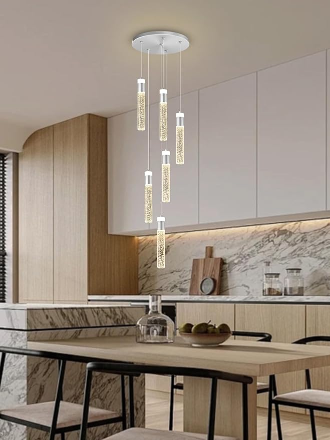 6-Light Silver Modern Crystal Raindrop Chandelier for Dining Room Entrance Long Crystal Bubble Column Chandelier for High Ceiling Lighting Fixtures LED Lampara, 3000k-6000K