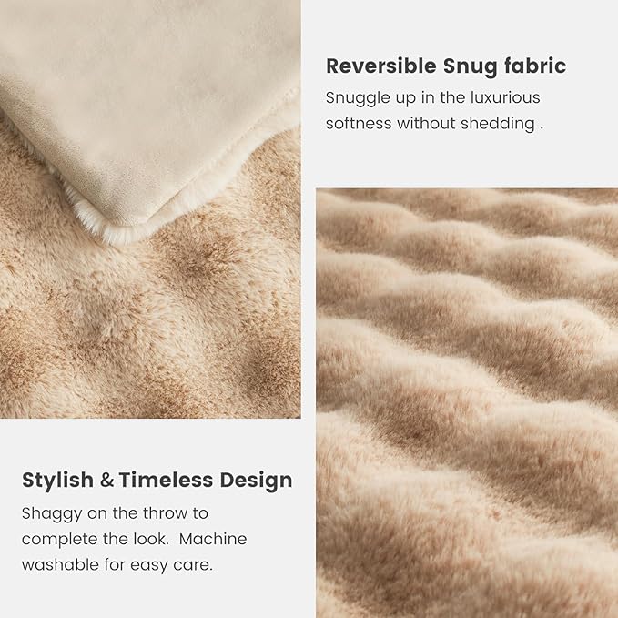 Cozy Bliss Faux Fur Throw Blanket for Couch, Fuzzy Soft Plush Thick Bubble Blanket for Sofa Bedroom Living Room, 60 * 80 Inches Beige
