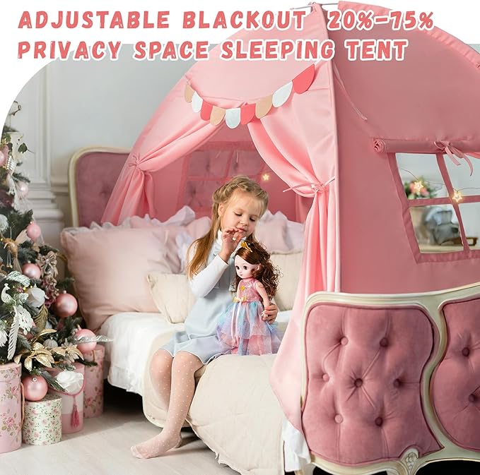 Razee Full Size Bed Canopy for Kids, Girls Bed Tent Dream Privacy Sleeping Tents Indoor, Toddler Under Bunk Bed Pink Tent with Pennant Banners