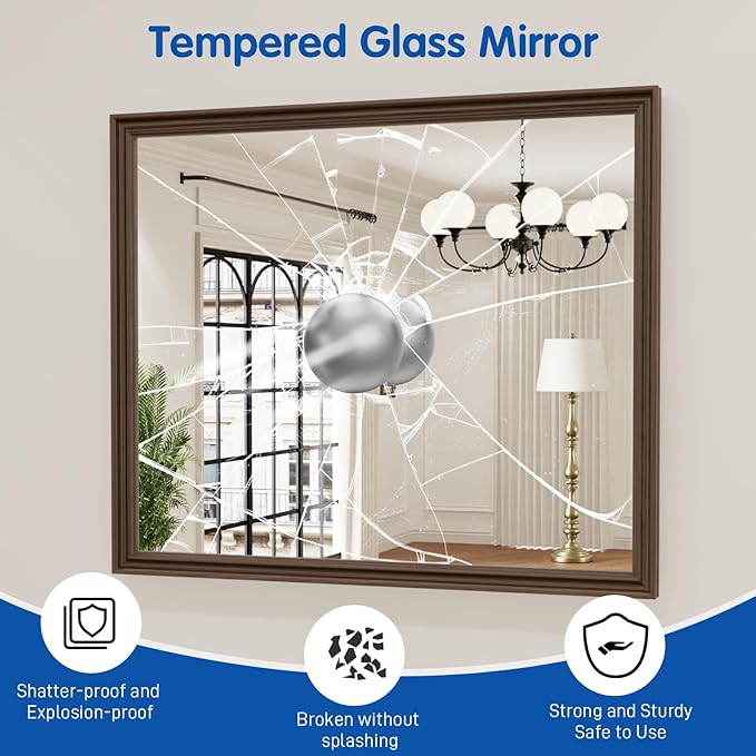 WEER Retro Copper Bathroom Mirror, 36x30 Inch Bronze Oil Rubbed Framed Mirror, Rectangle Classic Vintage Framed Wall Mirror, Farmhouse Vanity Mirror, Tempered Glass, Vertically or Horizontally