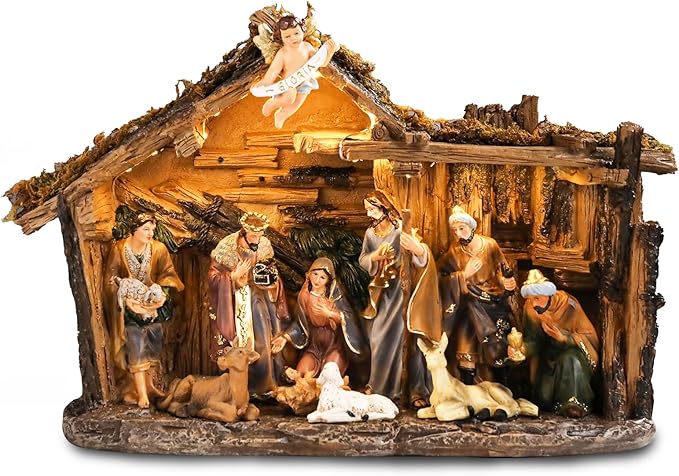Taman Nativity Set with LED Light - Resin Figurines Tabletop Nativity Scenes Xmas Gifts Collectibles for Christmas Holiday Decorations