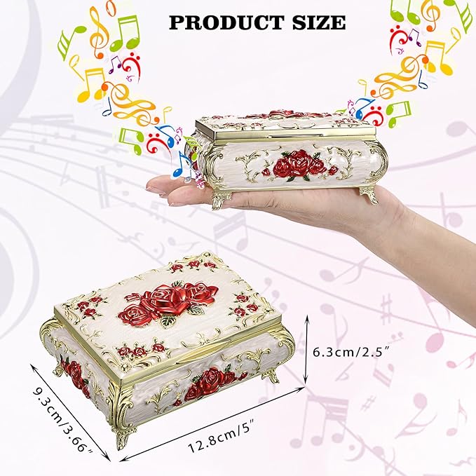 ELLDOO Vintage Music Box, Beige Metal Musical Jewelry Box Keepsake Box, Small Trinket Jewelry Storage Box Gift for Girl Women (Tune: You are My Sunshine), Red Rose Pattern