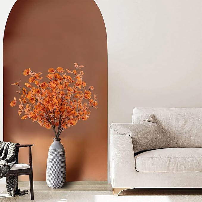 12pcs Artificial Fall Eucalyptus Leaves Stems Fall Decorations Silk Fake Eucalyptus Branches Fall Leaves for Vase Boquets Autumn Home Wedding Table Thanksgiving Decor Orange