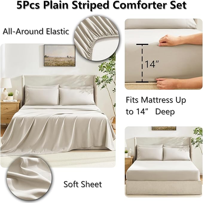 CozyLux Twin XL Comforter Set Beige, 5 Pieces Twin Extra Long Bed in a Bag for College Dorm, All Season Bedding Set with Stitch Quilted Comforter, Flat Sheet, Fitted Sheet, Pillowcases