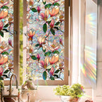 Window Film, Decorative Magnolia Flowers Stained Static Glass Window Clings Stickers for Home Office Living Room Bedroom Glass Windows Door Decor 16.93 x 39.37 Inches