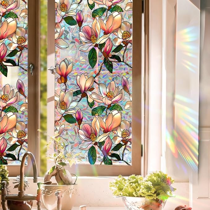 Window Film, Decorative Magnolia Flowers Stained Static Glass Window Clings Stickers for Home Office Living Room Bedroom Glass Windows Door Decor 16.93 x 39.37 Inches