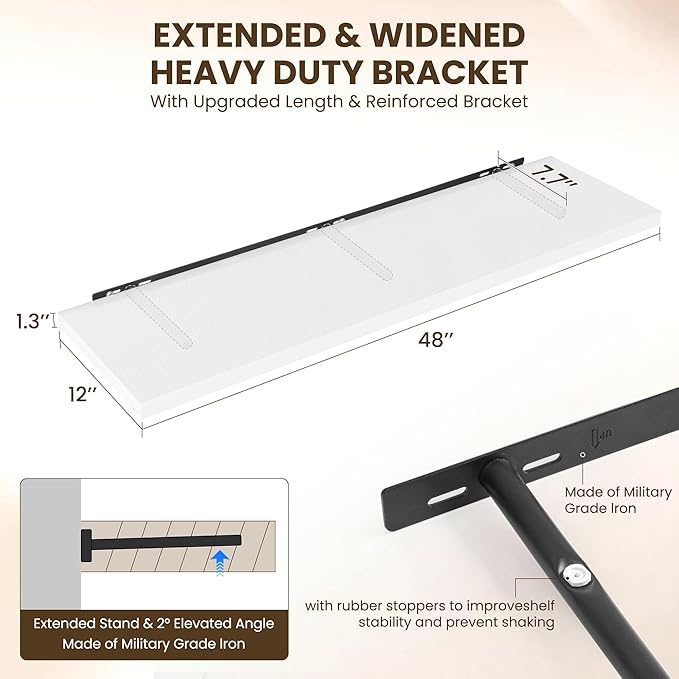 Dreamland 48" Floating Shelves for Wall, 12" Deep Slim White Floating Shelves, Wall-Mounted Shelves for Bedroom, Living Room, Kitchen, Bathroom - Set of 2