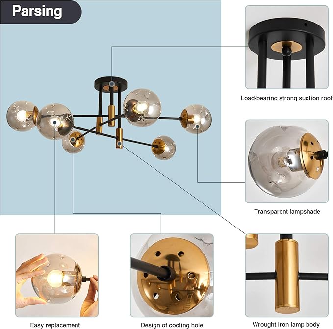 SZXYKEJI 6-Lights Glass Chandelier，Modern Flush Mount Ceiling Light Fixture，Farmhouse Lighting for Dining Room Living Room Bedroom Kitchen Passageway..