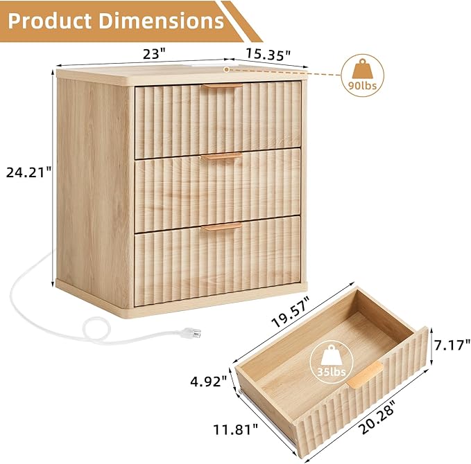 LEYAOYAO Fluted Nightstand Set of 2 with Charging Station,23" Modern Nightstand with Woodgrain Top, 3 Drawer End Table w/Storage, BedsideTables for Bedroom, Living Room, Curved Profile,Wood