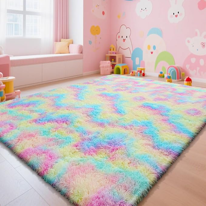 Rainbow Fluffy Rug Shaggy Area Rug, 6x9 Area Rugs for Girls Bedroom, Big Soft Shaggy Bedside Non-Slip Plush Dorm Nursery Kids Carpet Home Decor Aesthetic