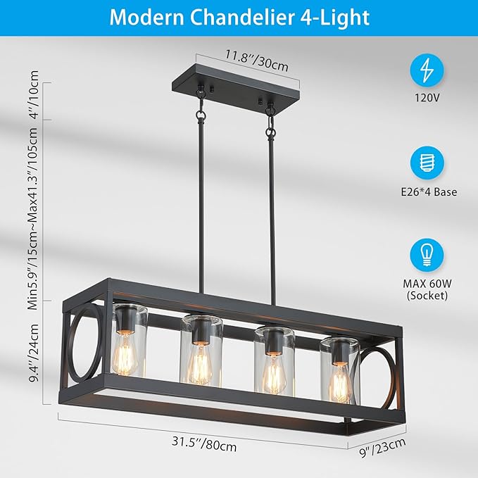 XINGQI Black Kitchen Island Light Fixtures Over Table, 31.5" Rectangular Linear Chandeliers Farmhouse Dining Room Pendant Ceiling 4-Light with Glass Lampshade for Living Room Bar Office